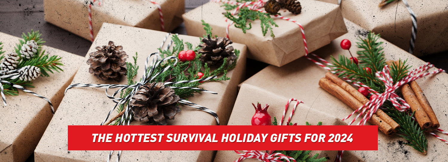 A bunch of holiday gifts wrapped in light brown paper and ripped with pine sprigs and pinecones.