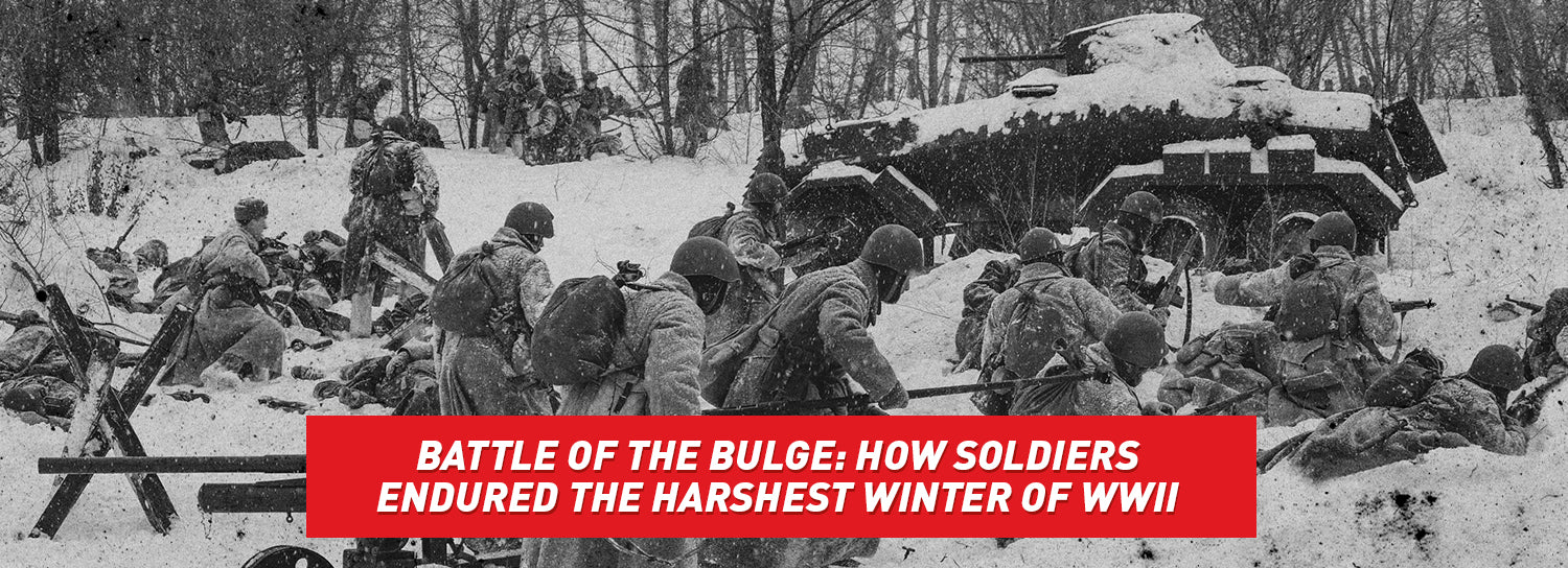 Soldiers battling through the snow during WWII.