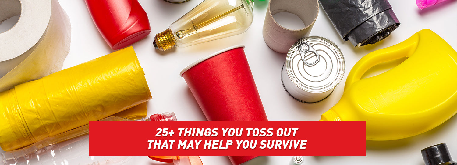 A series of random household items spread out on a white table.