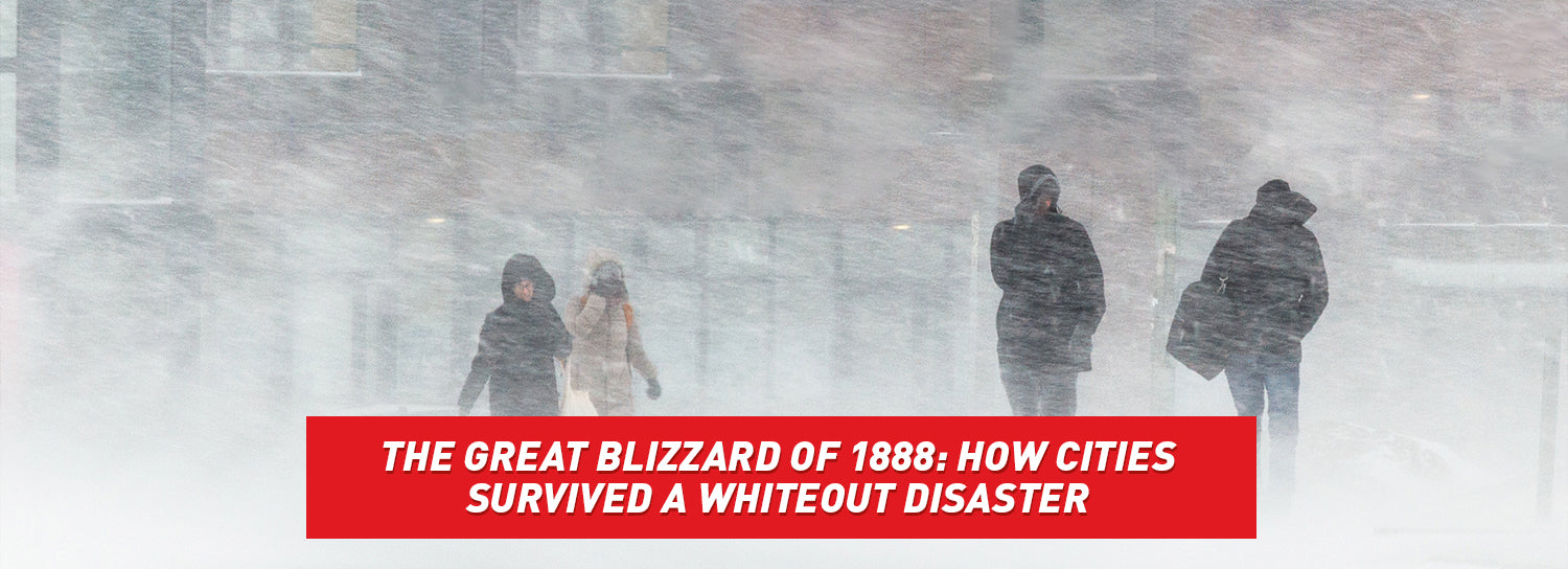 A small crowd of people, bundled up and trekking through a snow storm.