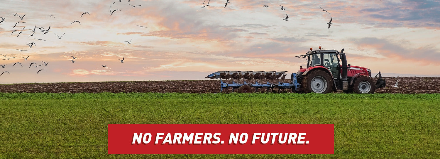 Farmer plowing field. Headline reads 