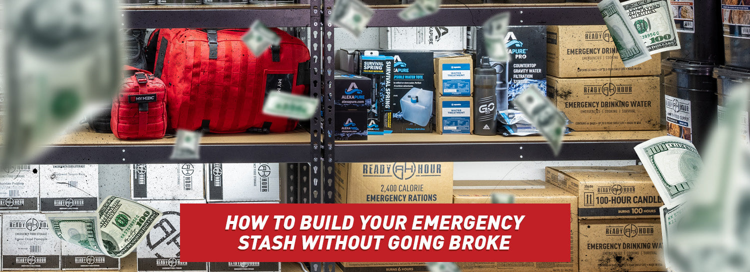 A stack of emergency supplies sitting on shelves with cash floating down in front of it.