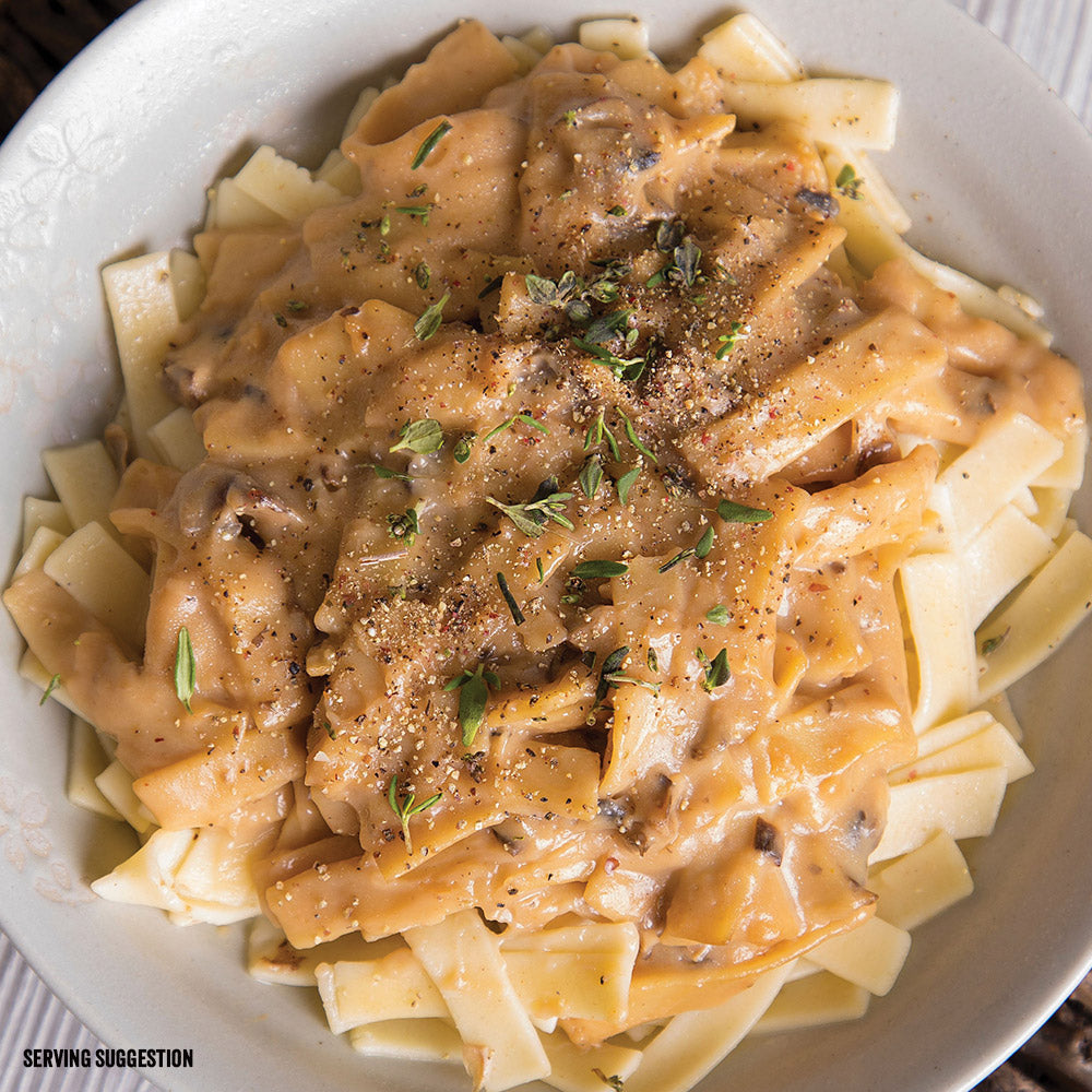 egg noodles prepared in a stroganoff dish