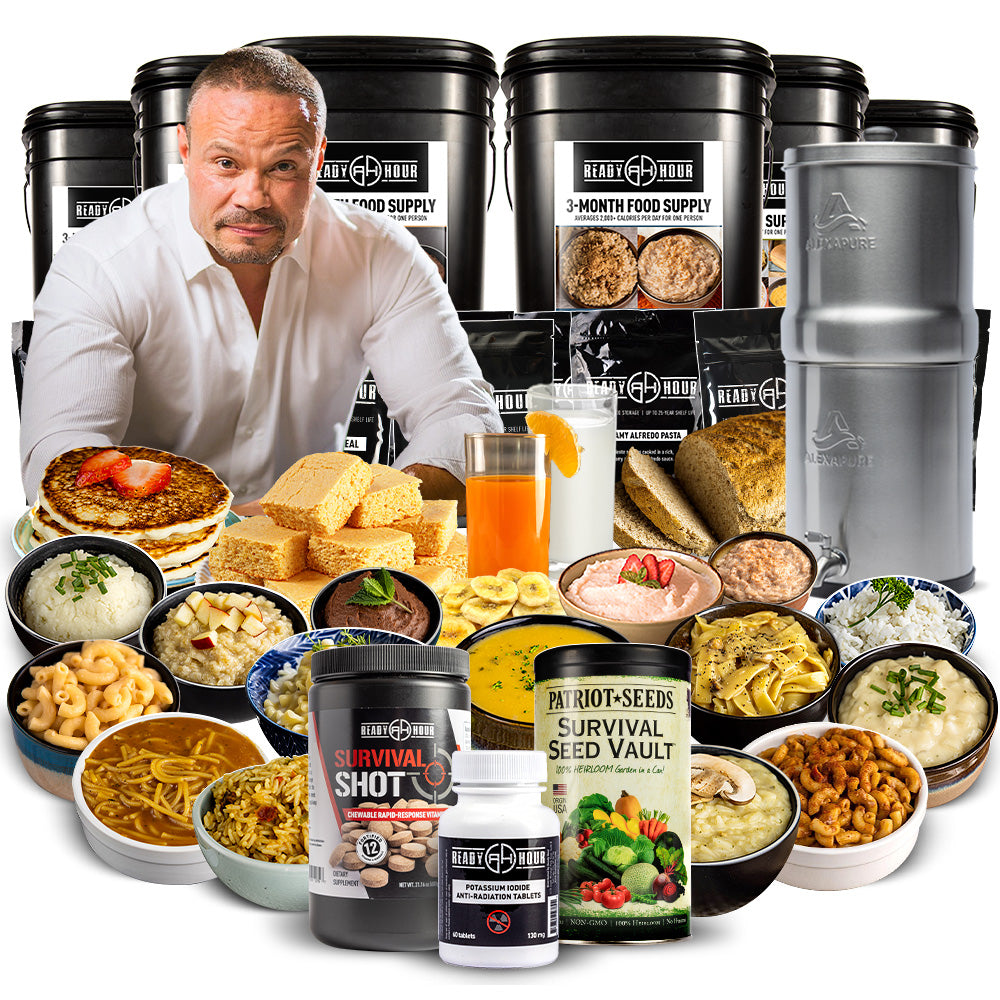 Dan bongino next to his emergency kit containing various food and hardgod supplies