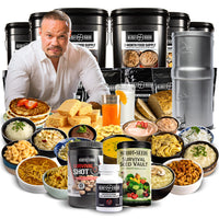 Thumbnail for Dan bongino next to his emergency kit containing various food and hardgod supplies