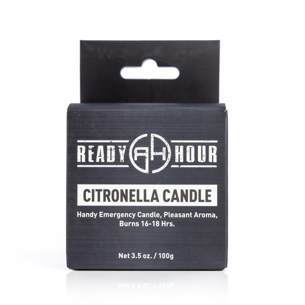 front view of citronella candle by ready hour packaging 