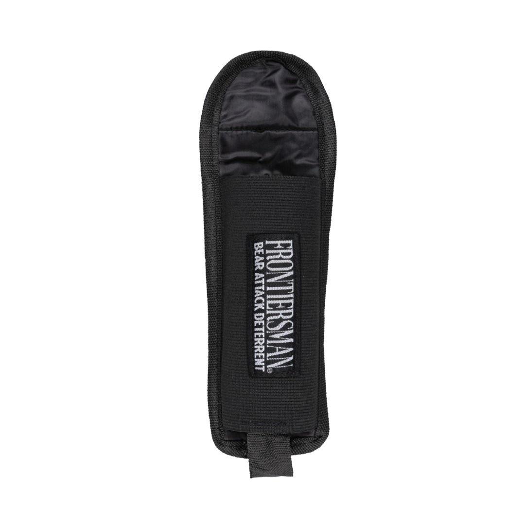 A long, black, fabric case made to store and protect the bear spray.