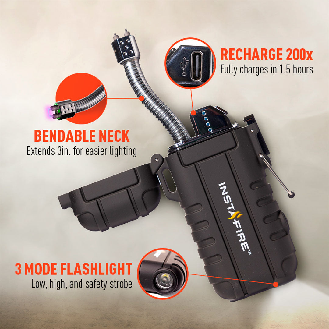 infographic of the instafire plasma lighter with expandable neck