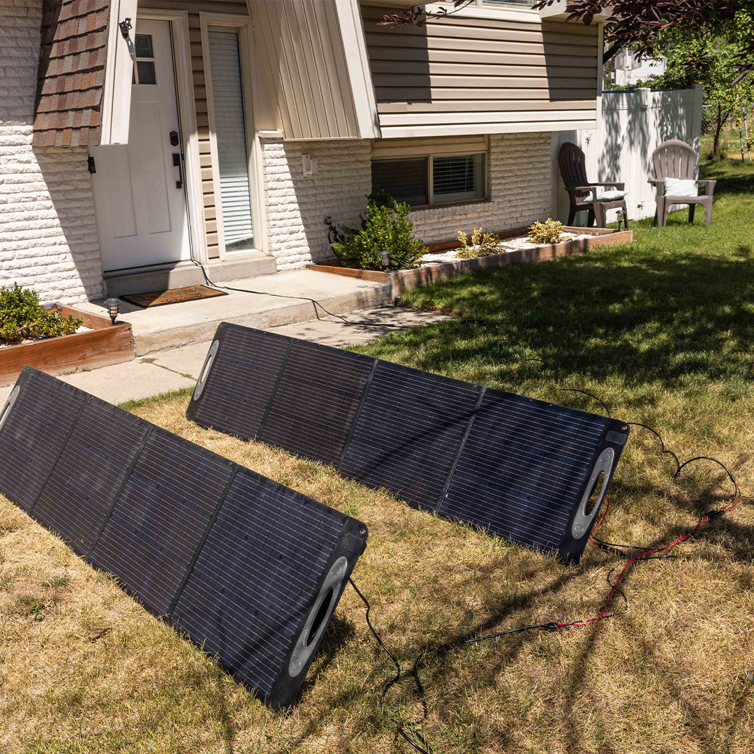 Solar panels connected with 75-Foot Extension Cord for the 2200 & 3300 Solar Generators by Grid Doctor