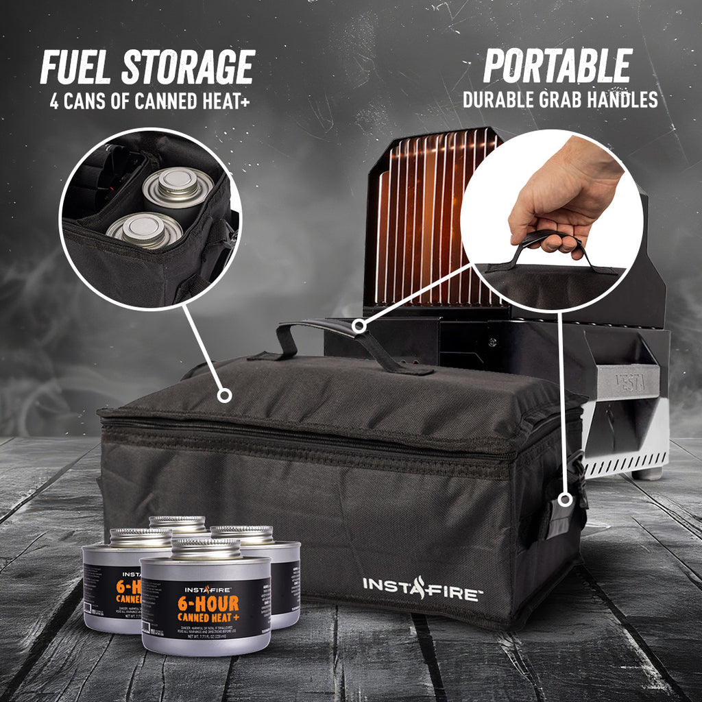 This case holds up to 4 cans of canned heat along with the VESTA. in an infographic