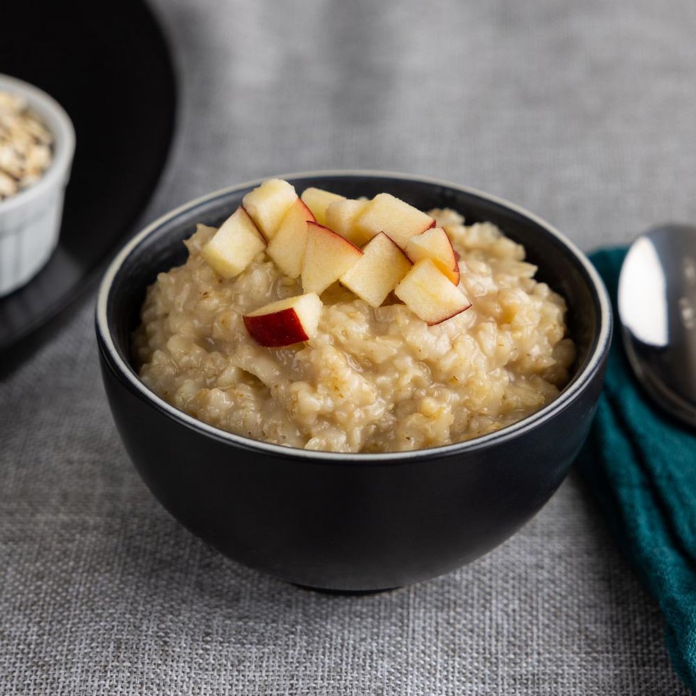 Black bowl of maple grove oatmeal