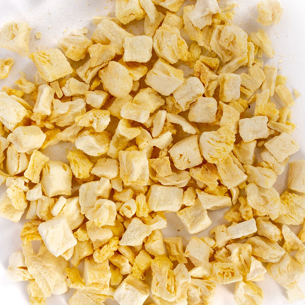 Close-up of Ready Hour freeze-dried pineapple chunks