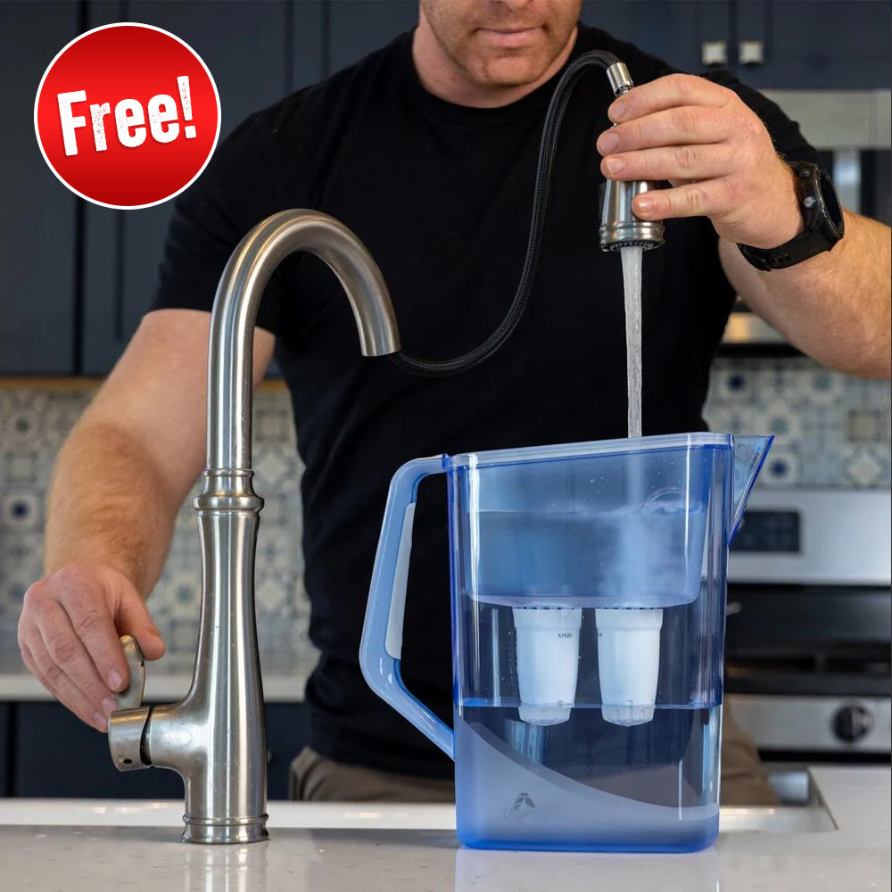 Man using pitcher water filter included in Independence Day Bundle