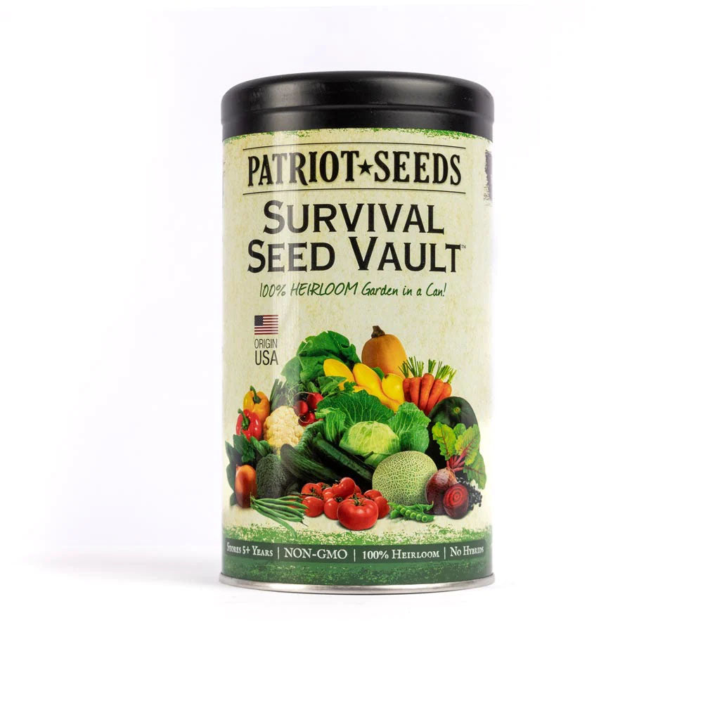 Patriot seeds survival seed vault in packaging on white background