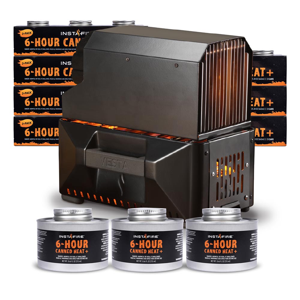 VESTA Self-Powered Indoor Space Heater & Stove PLUS Canned Heat & Cooking Fuel by InstaFire (Eight 3-packs, total 24 cans) - Special Offer