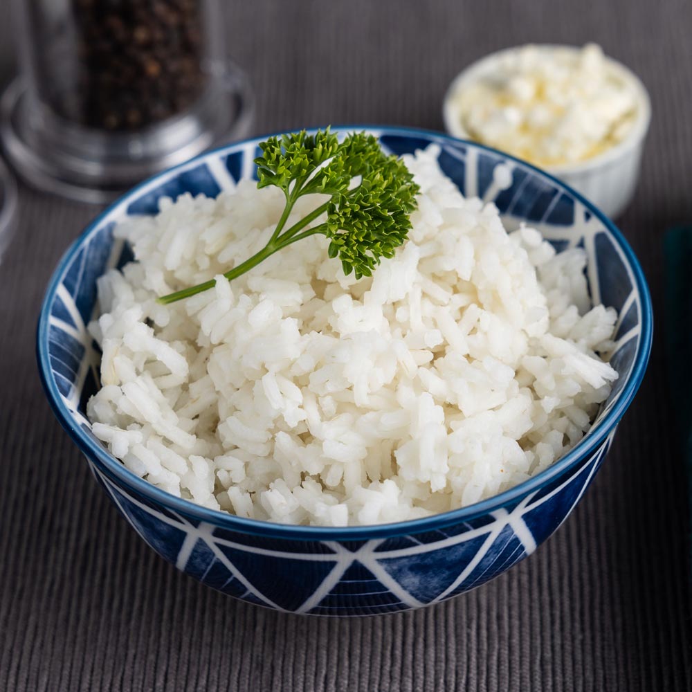 Steamed white rice in a serving dish