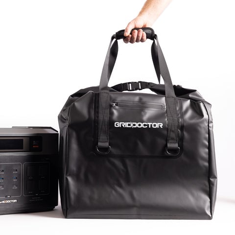 Grid Doctor Large Faraday Bag being held by handle.