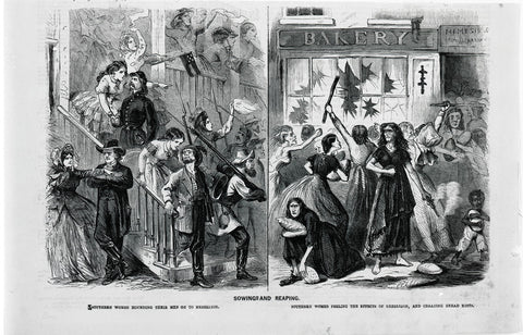 Gaunt, hungry women (at right)—several wielding clubs, another a smoking pistol—take to the streets of Richmond, Virginia, on April 2, 1863