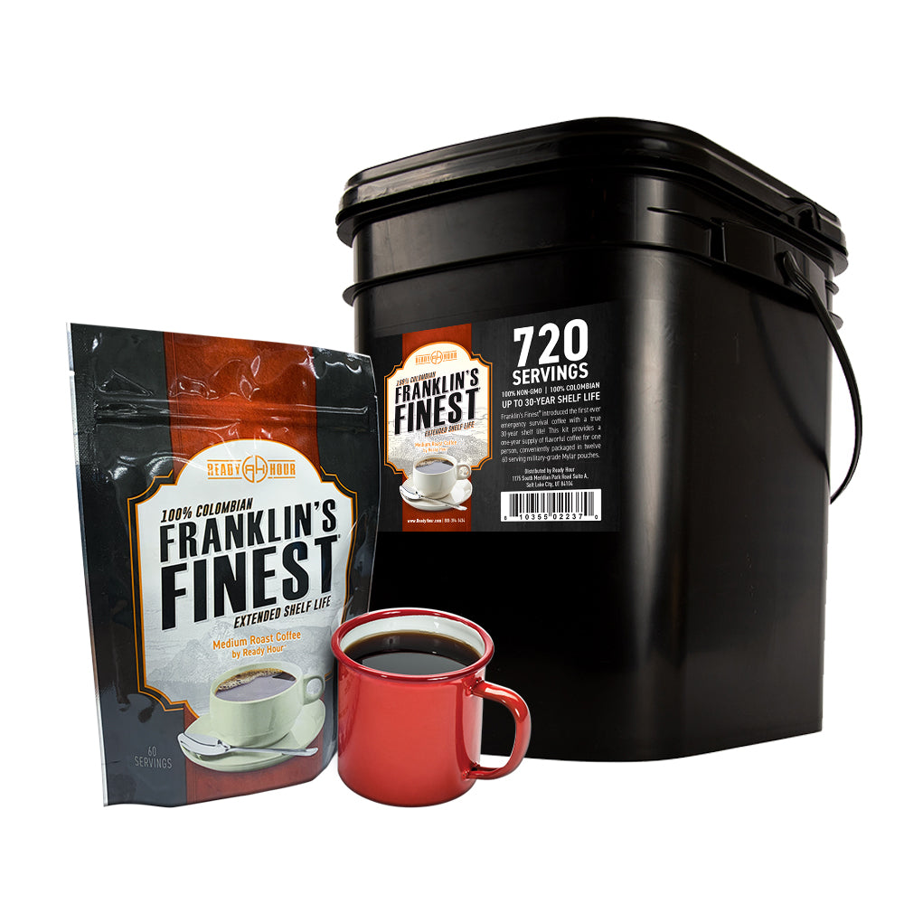 Franklin's Finest Survival Coffee (720 servings, 1 bucket) with Aluminum Coffee Pot